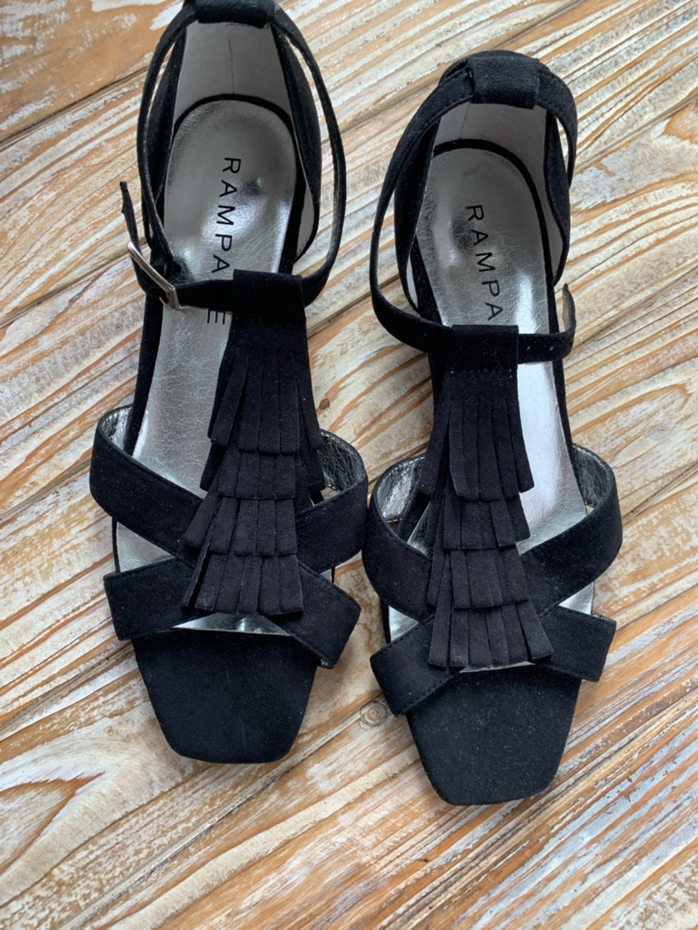 Rampage Ithica Black Faux Suede Fringe T-Strap Wedge Sandals - Size 7.5